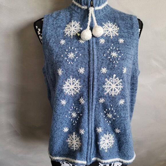Breckenridge Blue Snowflake Embroidered Zip Vest Petite Large Rabbit Hair Wool - Picture 2 of 9